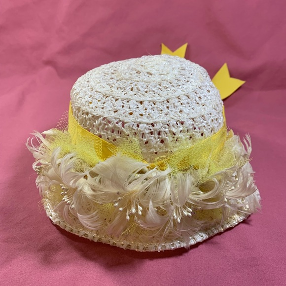 Accessories - Women’s vintage hat with feathers on front, yellow bow down back, Sz small.